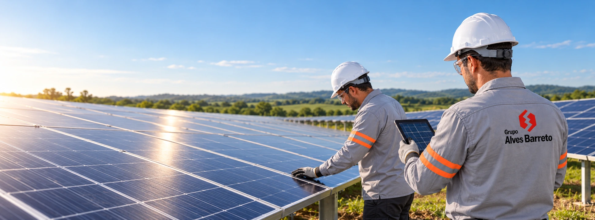 Cena ilustrativa de técnicos do setor de energia fotovoltaica inspecionando painéis solares