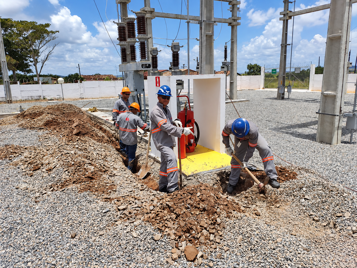 Trabalhadores executando serviço em uma instalação elétrica, imagem fornecida