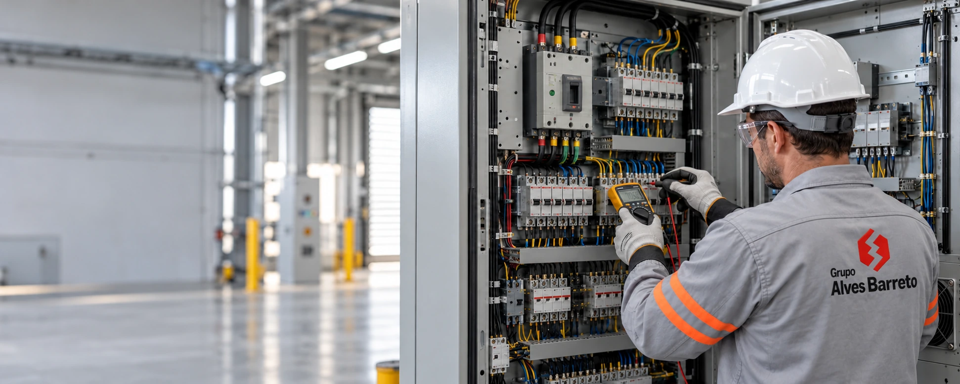 Cena ilustrativa de técnico inspecionando um painel elétrico industrial